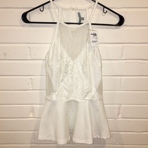 ! NWT Lace Peplum & Mesh White Top